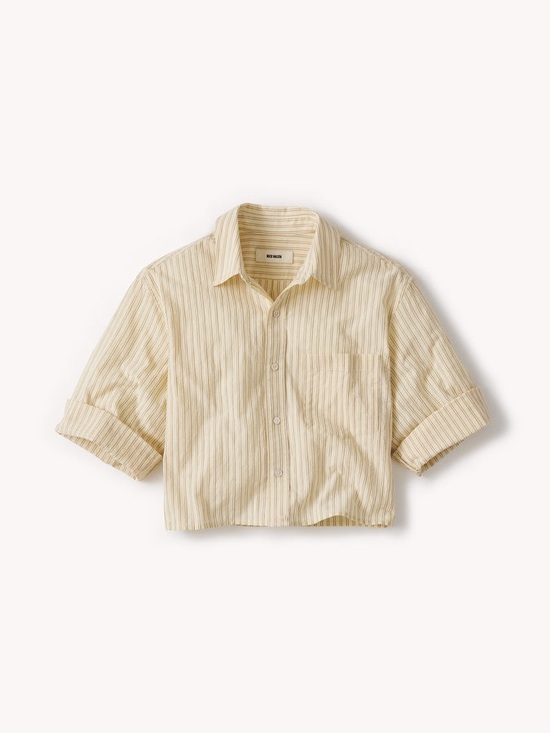 Buck Mason Tops - Buck Mason MAINSTAY COTTON SHORT SLEEVE BUTTON DOWN faded yellow Winona stripe M